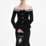 xaviera Black Chenille Knit Crystal Trim Midi Dress