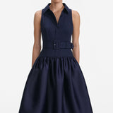 naomi Navy Belted Twill Midi Dress