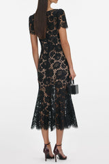 ashley Floral Lace hollow Midi Dress in black