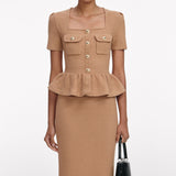 natalie Camel Peplum Knit Midi Dress