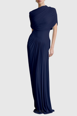 Aakifa Asymmetric Draped Maxi Dress in Navy blue