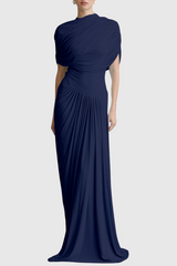 Aakifa Asymmetric Draped Maxi Dress in Navy blue