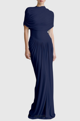 Aakifa Asymmetric Draped Maxi Dress in Navy blue
