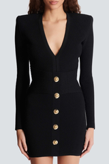 Aero Buttoned Ribbed Knit Mini Dress - Black