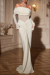 zenobia Off shoulder Ruched Maxi Dress In Beige