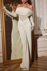 zenobia Off shoulder Ruched Maxi Dress In Beige