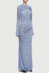 bonnie long sleeve pleated knot bodycon maxi dress in blue
