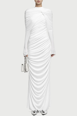 bonnie long sleeve pleated knot bodycon maxi dress in white