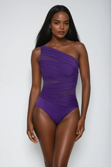 mamie Single Shoulder Mesh Ruch Swimsuit In Purple