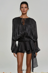 hermosa Balloon Sleeve Ruch Ruffle Mini Dress In Black