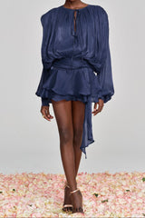 hermosa Balloon Sleeve Ruch Ruffle Mini Dress In Deep Blue