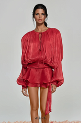 hermosa Balloon Sleeve Ruch Ruffle Mini Dress In Red