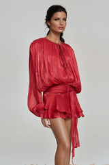 hermosa Balloon Sleeve Ruch Ruffle Mini Dress In Red