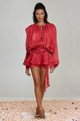 hermosa Balloon Sleeve Ruch Ruffle Mini Dress In Red