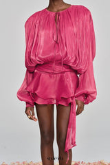 hermosa Balloon Sleeve Ruch Ruffle Mini Dress In Rose Red