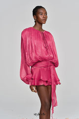 hermosa Balloon Sleeve Ruch Ruffle Mini Dress In Rose Red