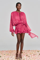 hermosa Balloon Sleeve Ruch Ruffle Mini Dress In Rose Red