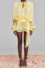hermosa Balloon Sleeve Ruch Ruffle Mini Dress In Yellow