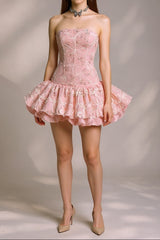 katherine Embroidered Lace Ruffle Mini Dress in pink