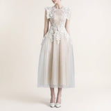 floral appliqué bodice sleeveless midi dress in beige