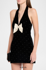 Anais Halter Bow Velvet Mini Dress