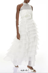 samantha White 3D Petal Ruffled rhinestone embellished Maxi Dress