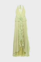 Aonaver Floral Ruffle Halter Maxi Dress in Green
