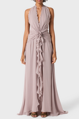 Aonaver Floral Ruffle Halter Maxi Dress in Purple