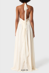 Aonaver Floral Ruffle Halter Maxi Dress in White