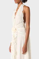 Aonaver Floral Ruffle Halter Maxi Dress in White