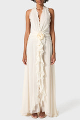 Aonaver Floral Ruffle Halter Maxi Dress in White