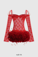 helen Lace Floral Appliqué Two Piece Set in Red