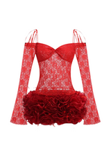 helen Lace Floral Appliqué Two Piece Set in Red