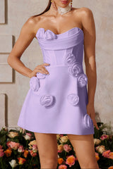 Strapless Flower Bandage Mini Dress In Purple