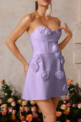 Strapless Flower Bandage Mini Dress In Purple