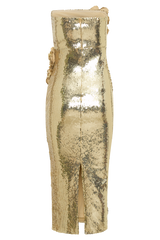 alisa Strapless Sequin Rose Midi Dress in Gold