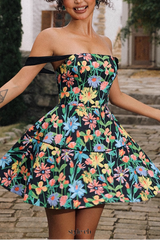 simona Colorful print A Line Strap Satin mini Dress