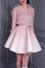 roberta pink long sleeve silk shirt mini skirt set