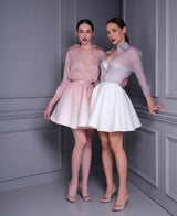 roberta pink long sleeve silk shirt mini skirt set