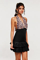 marguerite Leopard Plunge Ruffle Mini Dress In Black