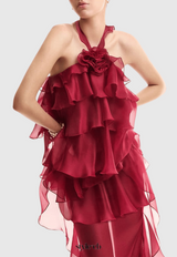 eunice Floral Halter Chiffon Ruffle Midi Dress in red