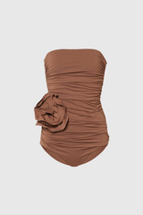 nancy Ruched Flower One Piece Swimsuit In Mocha Mousse