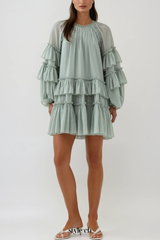 freda Balloon Sleeve Mesh Ruch Ruffle Mini Dress in green
