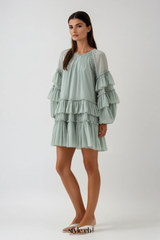 freda Balloon Sleeve Mesh Ruch Ruffle Mini Dress in green
