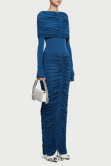 alice navy pleated Form-fitting maxi dress with asymmetrical draped shoulder