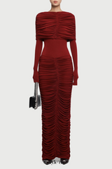 alice red pleated Form-fitting maxi dress with asymmetrical draped shoulder