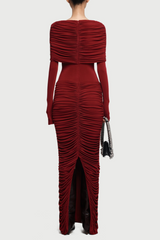 alice red pleated Form-fitting maxi dress with asymmetrical draped shoulder