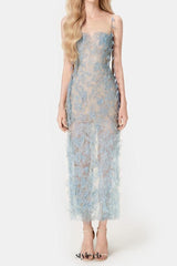 BLUE BEADED LACE PENCIL MIDI DRESS