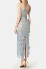 BLUE BEADED LACE PENCIL MIDI DRESS