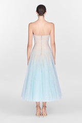 BLUE DRAPED LACE MIDI DRESS